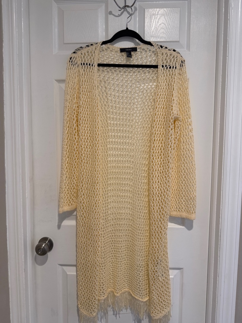 Forever 21 Cream Open Knit Fringe Cardigan